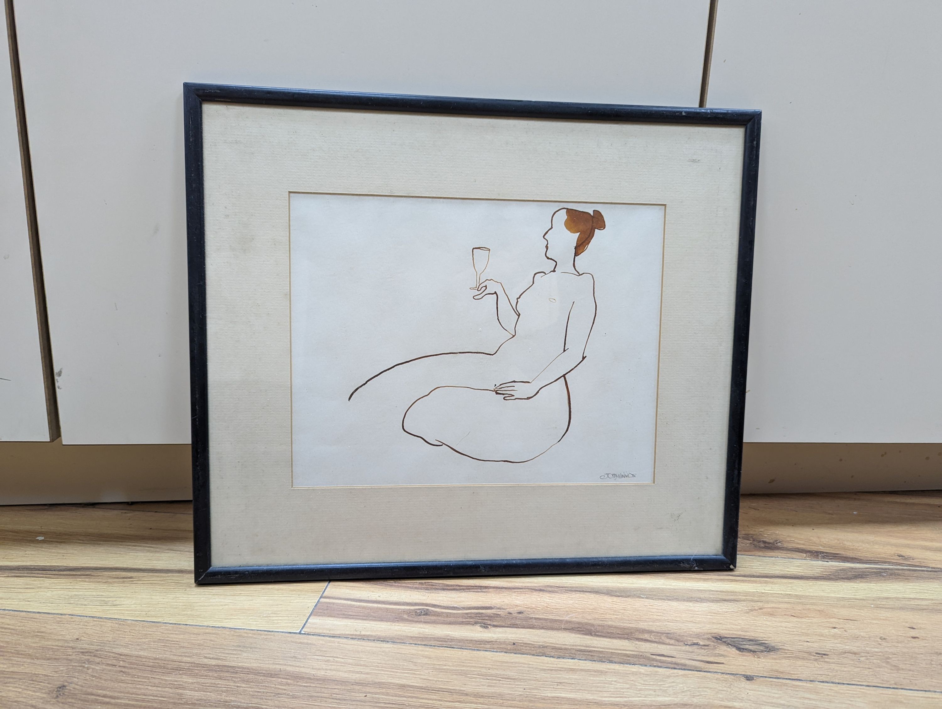 John Minnion (1949-), ink and wash, Woman with wine glass, signed, 22 x 29cm